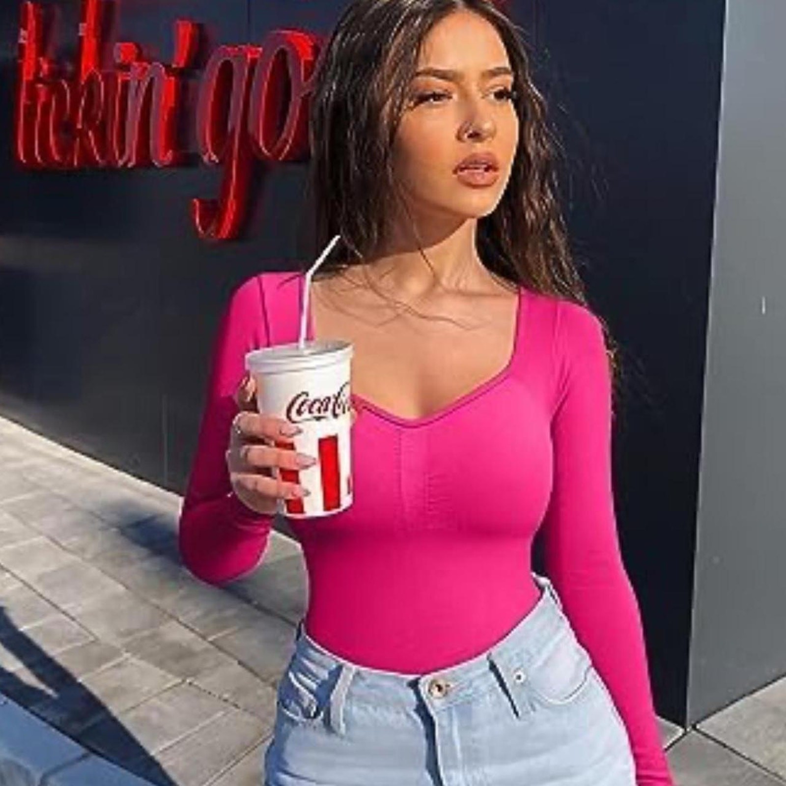 NWOT OQQ HOT PINK SWEETHEART NECK LONG SLEEVE BODYSUIT SIZE L