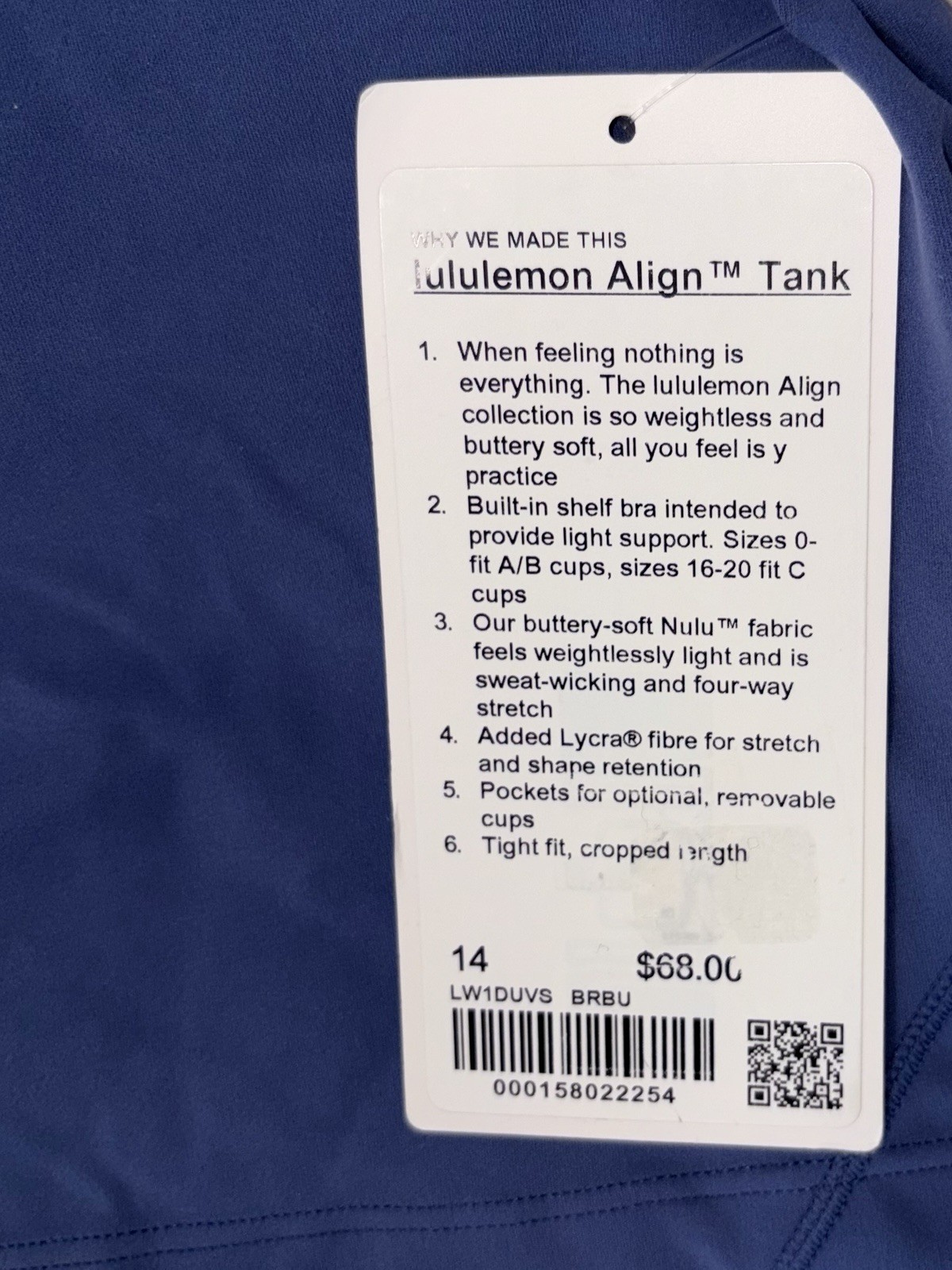 NWT💎LULULEMON💎SIZE 14💎ALIGN TANK💎BUILT IN BRA💎AUTHENTIC💎BRILLIANT BLUE💎