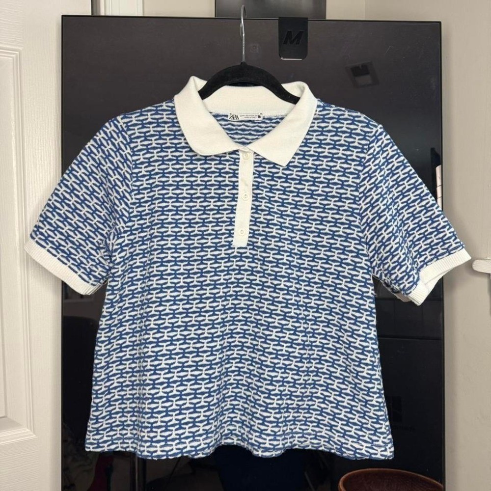 Zara blue and white womens Polo Top size medium