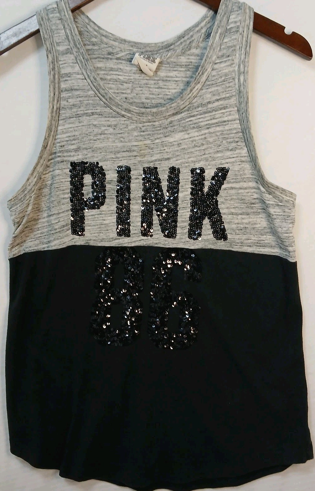 Victoria’s Secret PINK Sequin Tank Top Women’s Gray Black Racerback 86 Bling