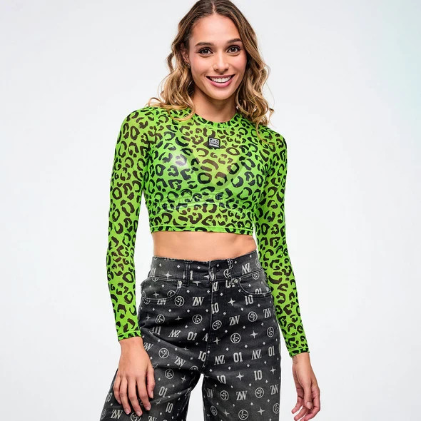 Zumba Dale-Z Long Sleeve Mesh Crop Top – Green/Black – XS S M L ~ New!