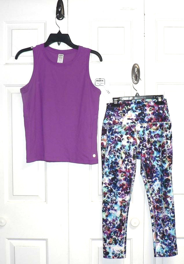 RBX Athletic Wear Women 2 Piece Solid Purple Tank Multi-Color Leggings XS $78