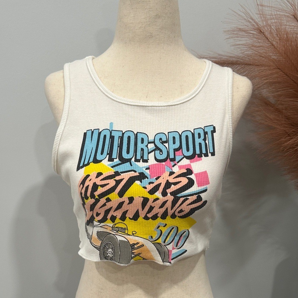 White Graphic Motor-Sport Crop Tank Top with Multicolor Print