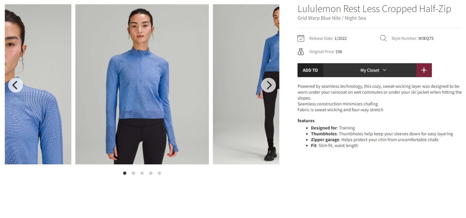 Lululemon Rest Less Cropped Half-Zip Pullover Size 2 Ribbed Knit Nile Night Sea