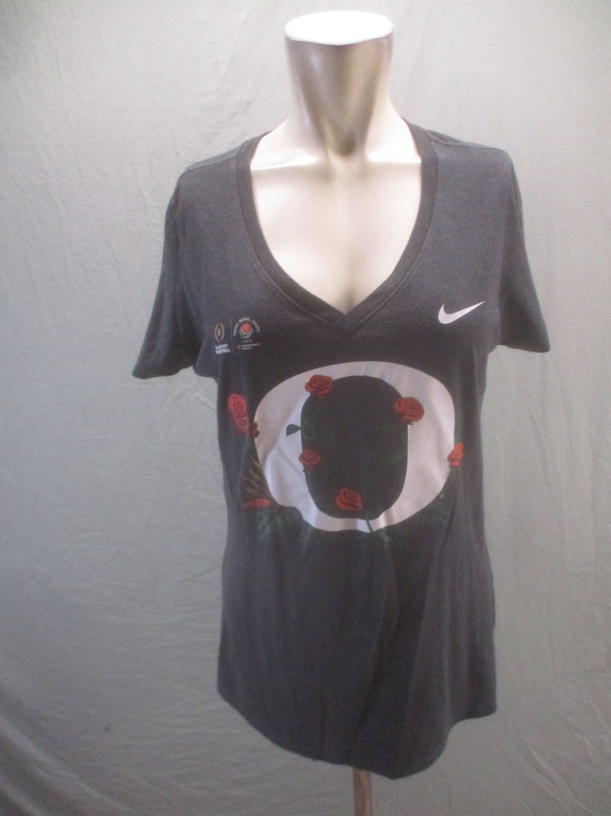 Nike Size L Womens Gray Cotton Blend V Neck Short Sleeve Activewear TShirt 262