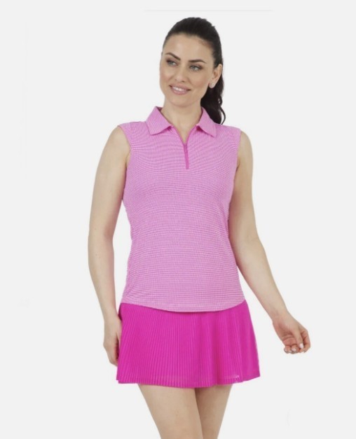 UIBKUL Women’s Sleeveless Zip Polo – Hot Pink & White Gingham, SZ Small