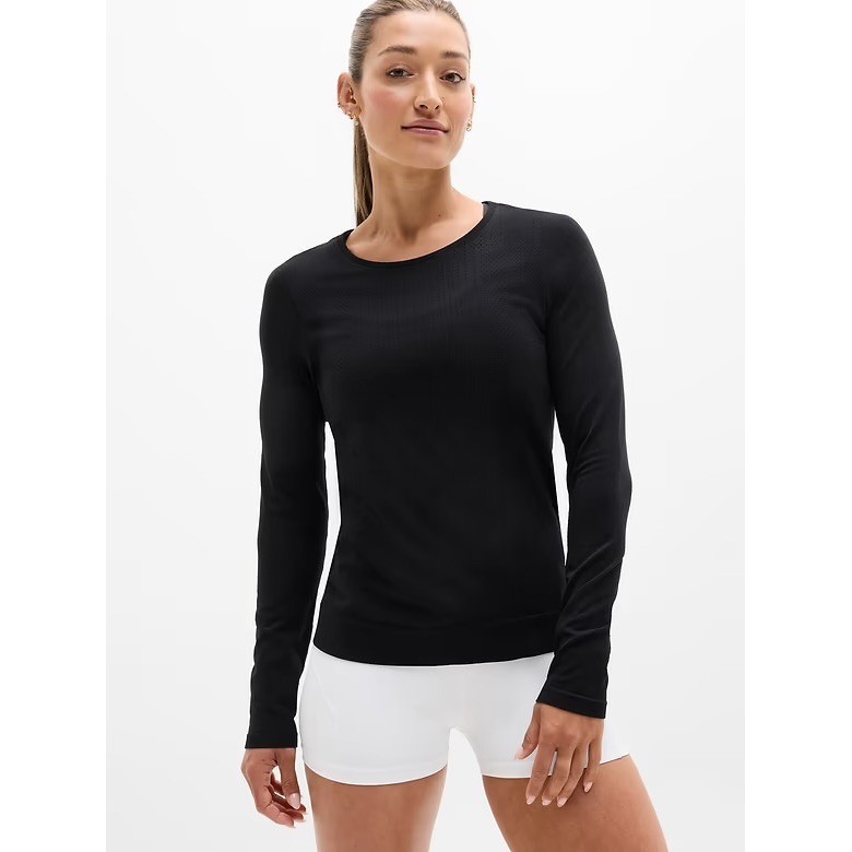 Athleta In Motion Seamless Top Medium Black Long Sleeve Workout Training Gym EUC