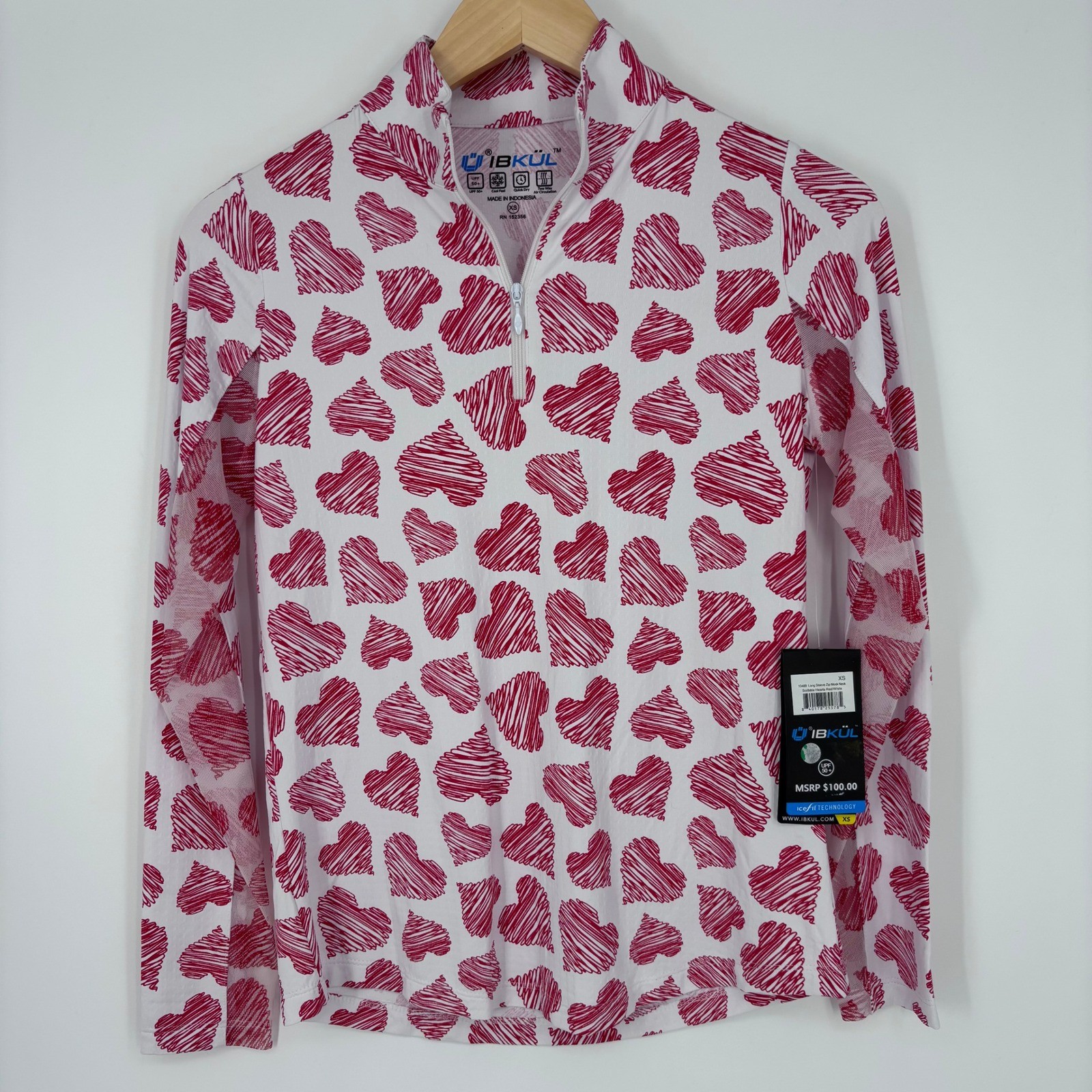 IBKUL Long Sleeve Zip Mock Neck Top Womens XS Scribble Hearts UPF 50 Activewear