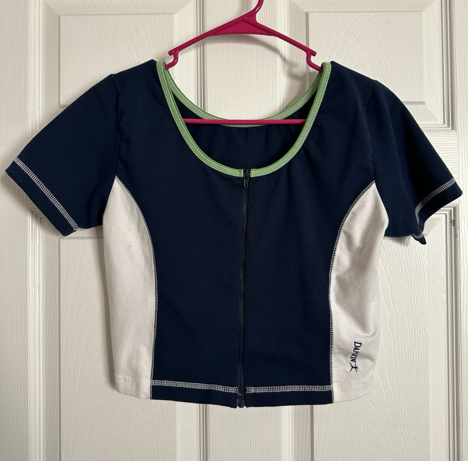 1980s Danskin Women’s Colorblock Round Neck Zip-Up Stretch Top