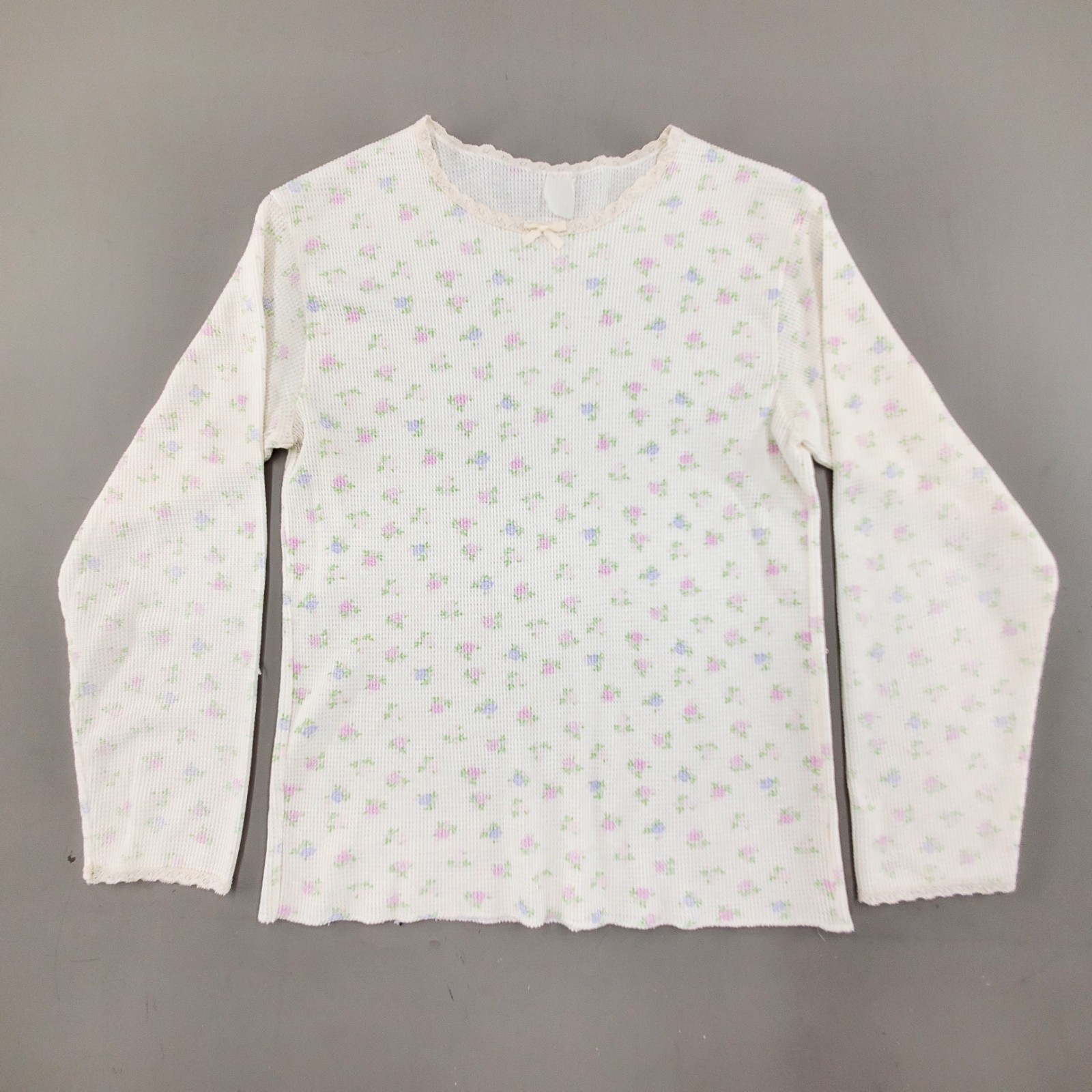 Vintage 80s 90s Ditsy Floral Print Long Sleeve Waffle Knit Thermal Shirt