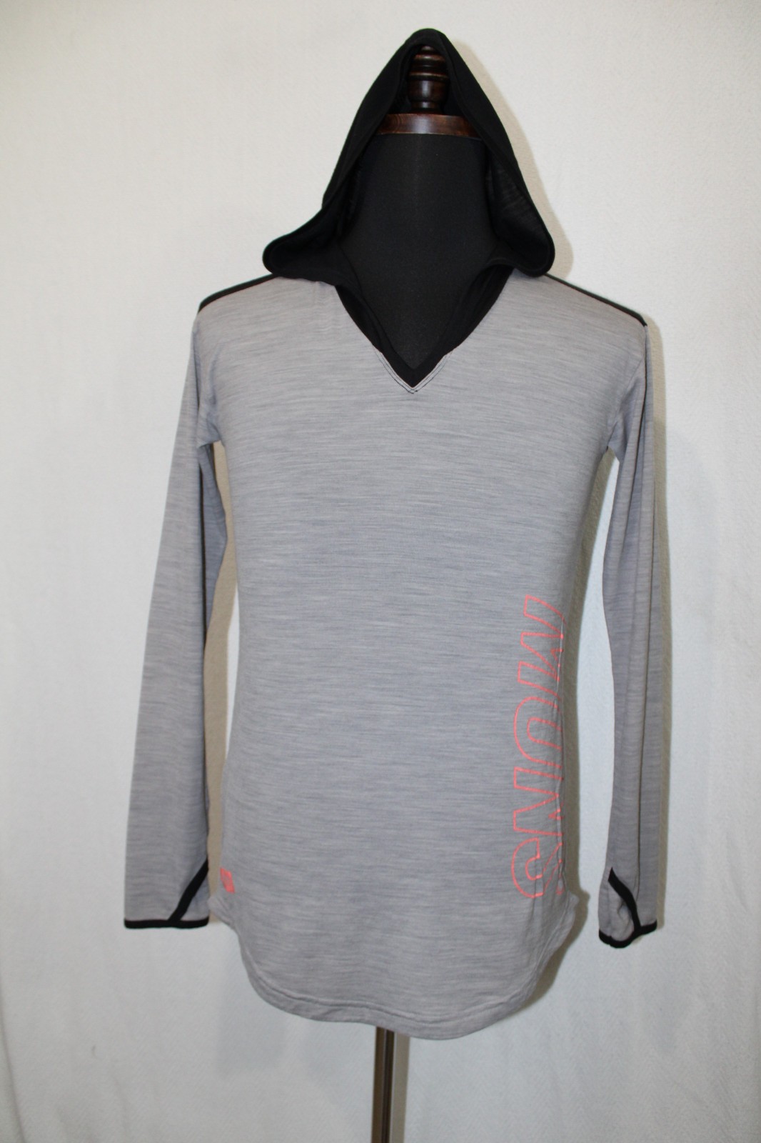Mons Royale Sz S Gray Black Merino Air-Con Merino Wool Blend Hooded Top