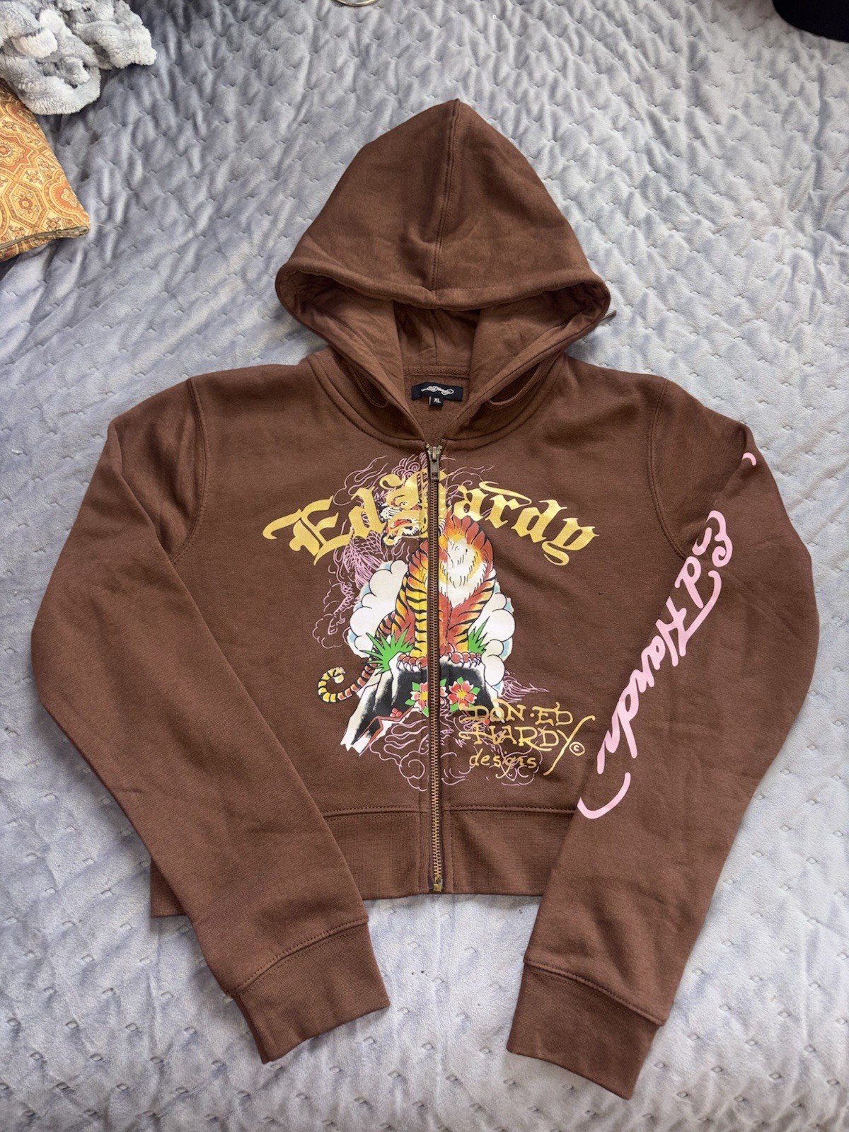 Ed Hardy Hoodie Women XL Brown Y2K Cropped Full Zip Tiger Designer