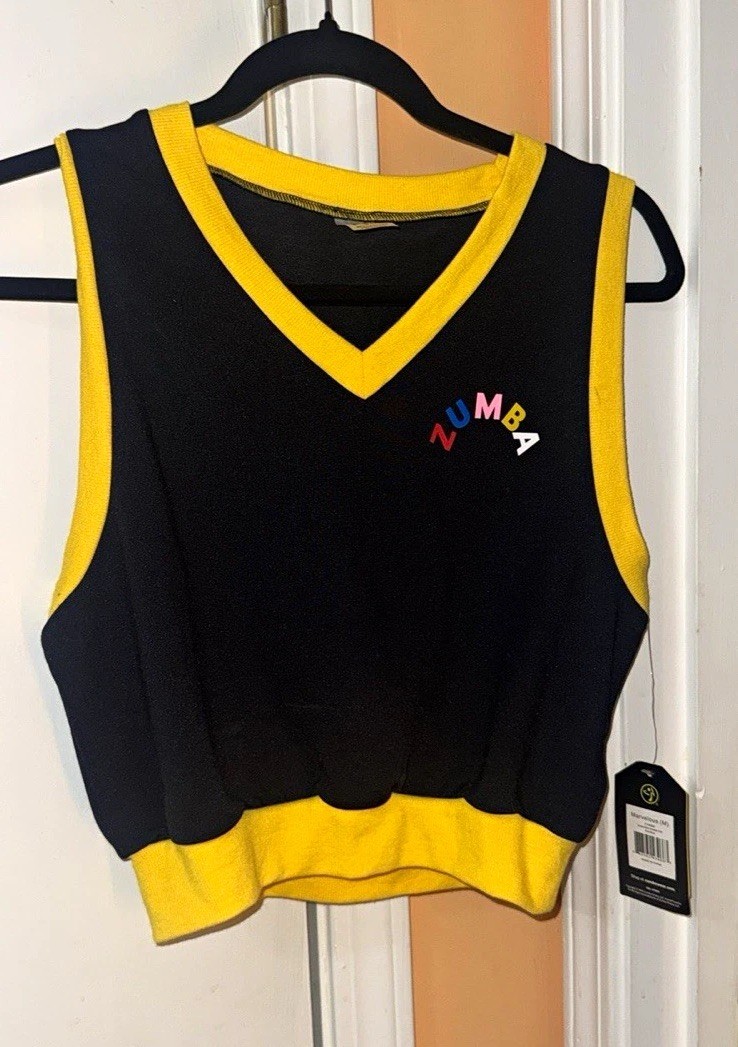 Zumba WE AR Women’s Cropped Tank Top Black/Yellow V-Neck Stretch Neoprene M