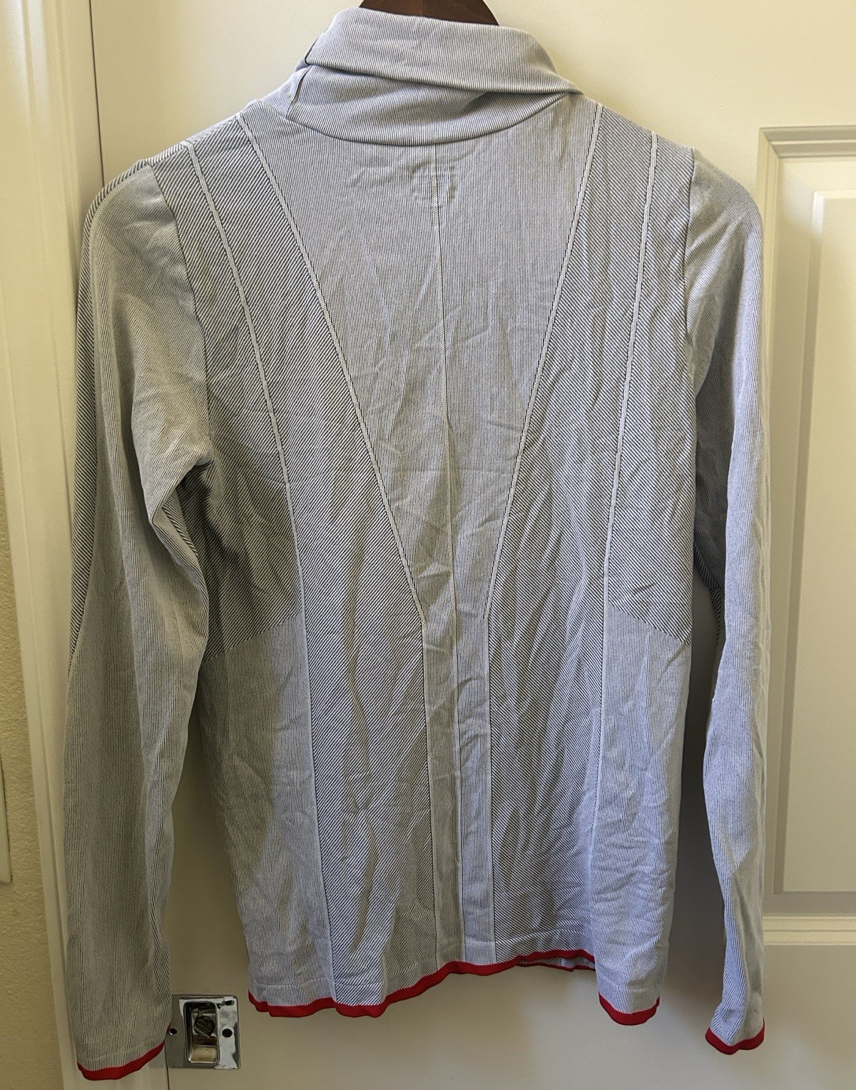 Athleta Striped Pullover Top Gray/Red Cowl Neck Long Sleeve M Stretch Knit