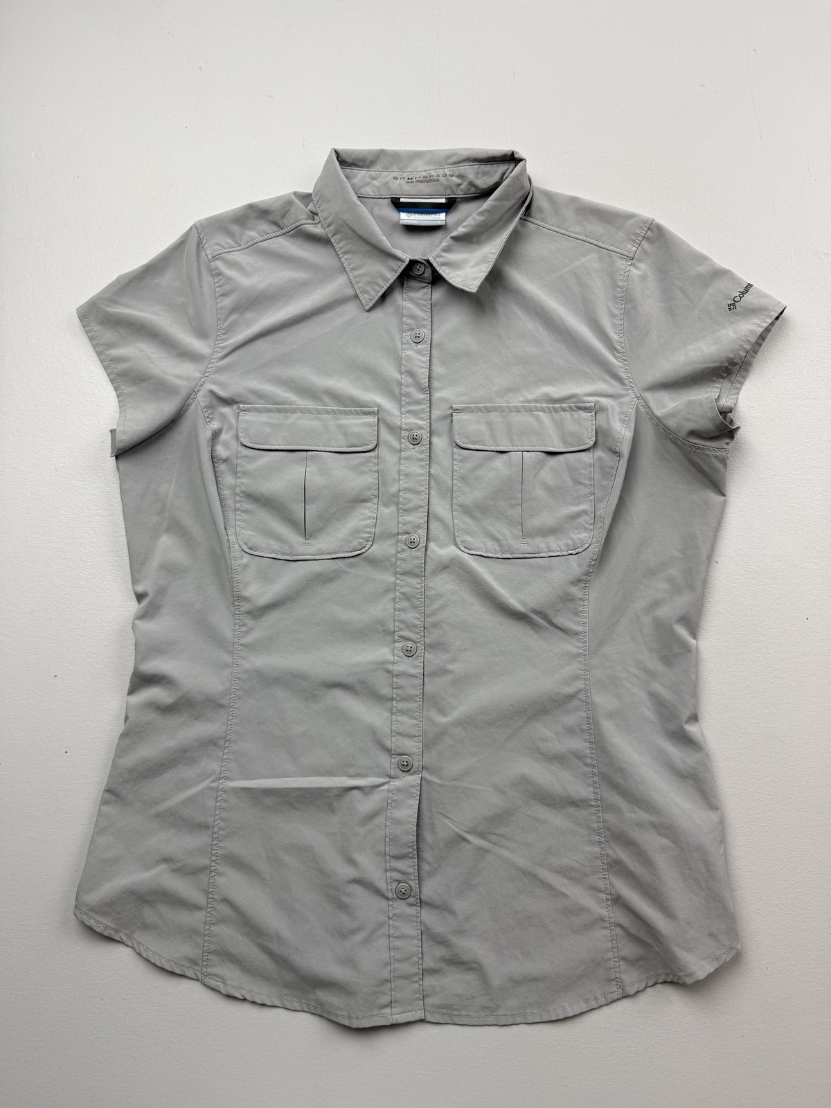 Columbia Shirt Womens Large Gray Short Sleeve Omni-Shade Button Up Hiking Top