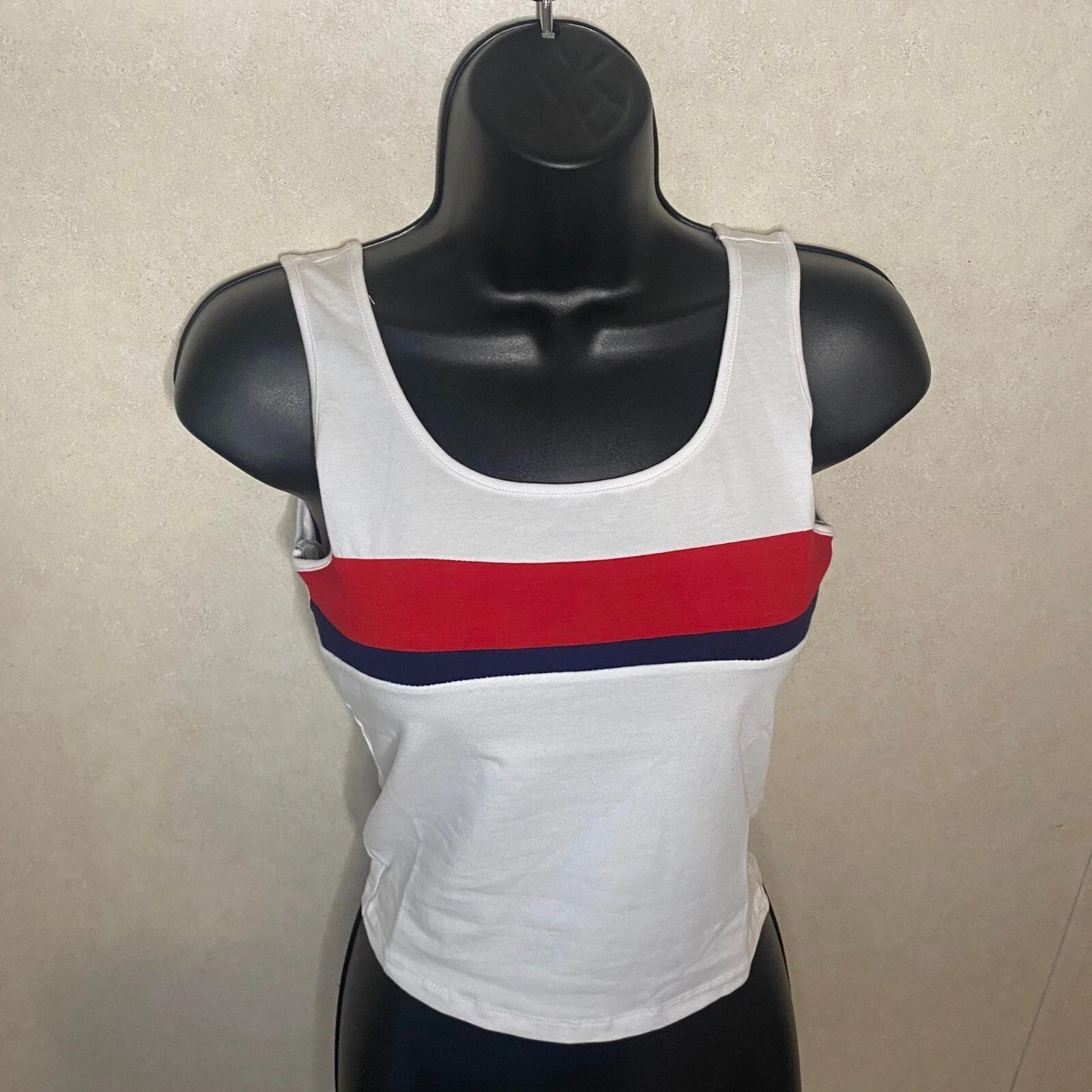 Active USA Round Neck Striped Cotton Sleeveless Tank Top White MEDIUM