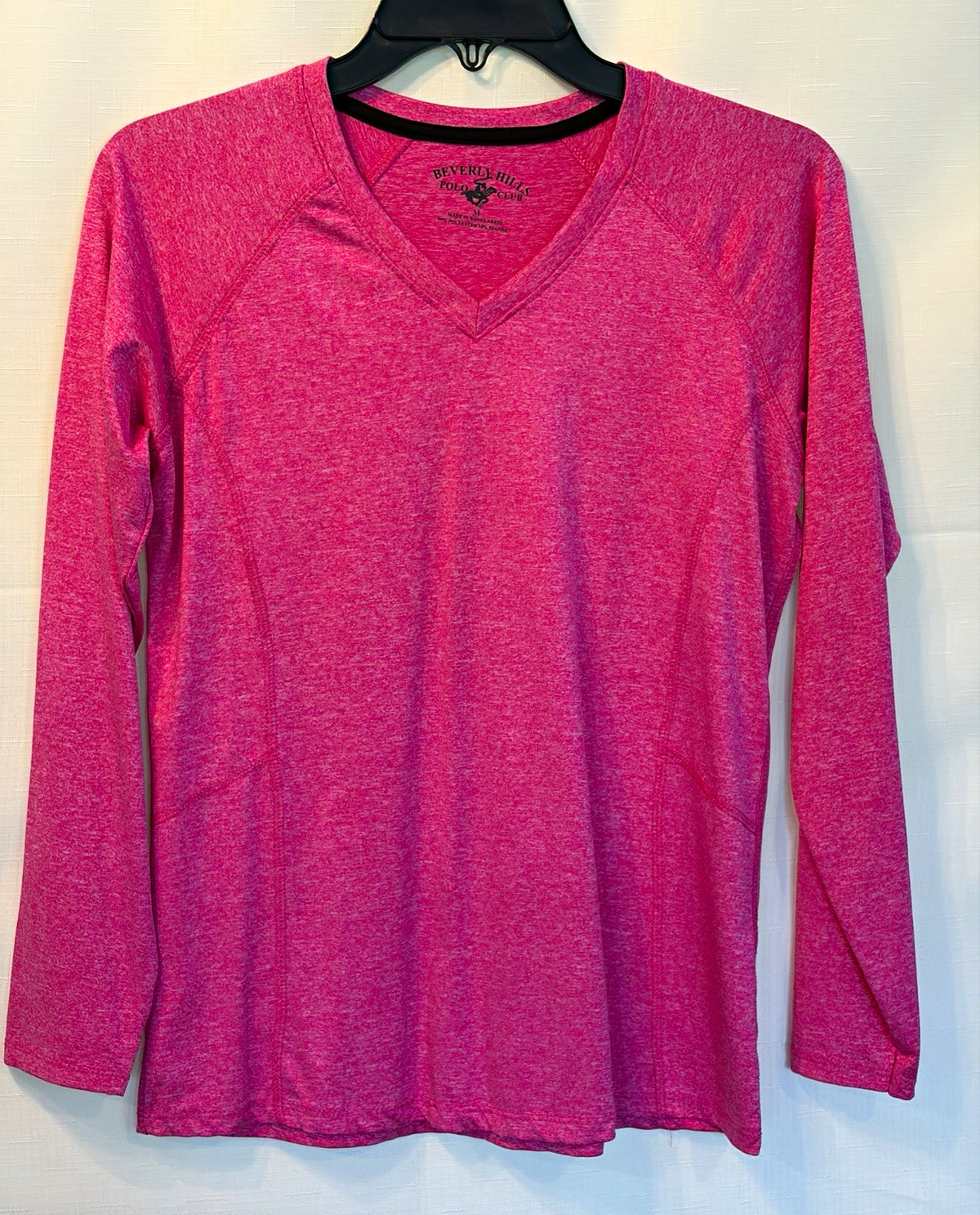 Beverly Hills Polo Club Women’s Pink V-Neck Long Sleeve Raglan Stretch Tee M