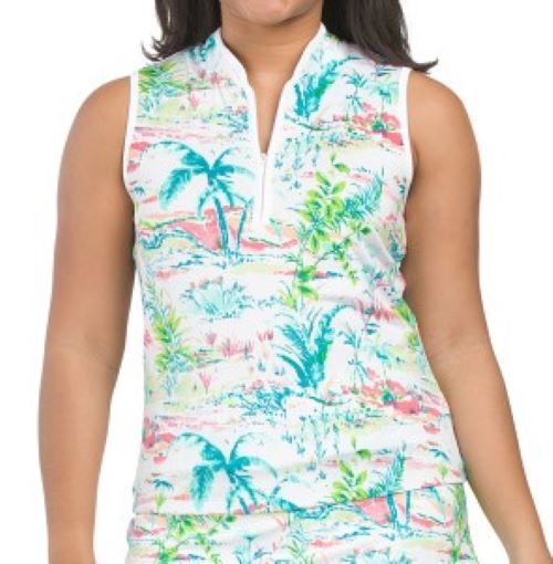 NWT SIGRID OLSEN Teal Pink Lime Tropical Sleeveless Mock Golf Shirt size XL