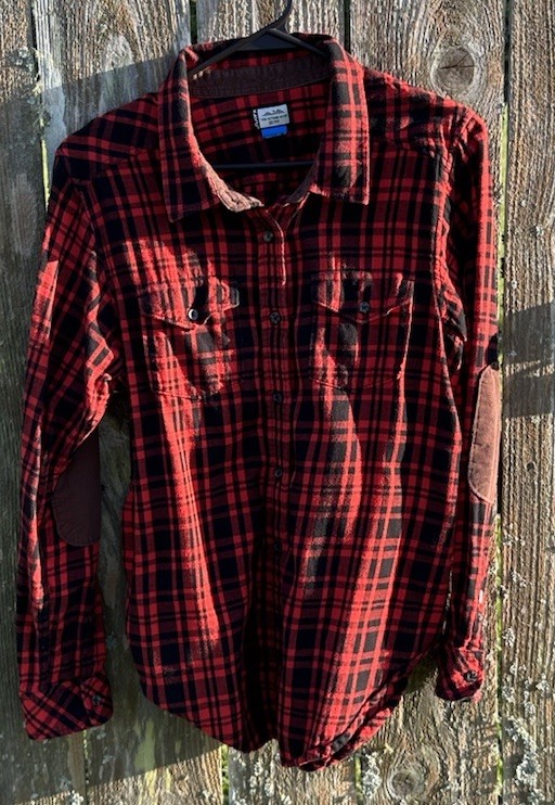 KAVU Flannel Shirt Red Black Plaid Women’s Size M Corduroy Elbow Patch Outdoor