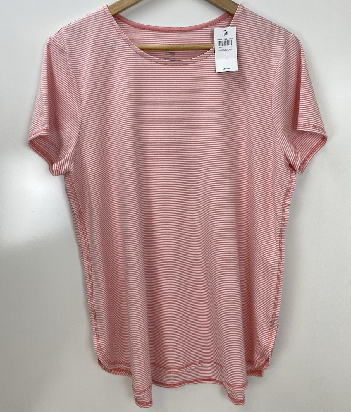 J.Jill Fit Progress Shirttail Tee Pink/White Stripe Scoop Neck Stretch Knit L