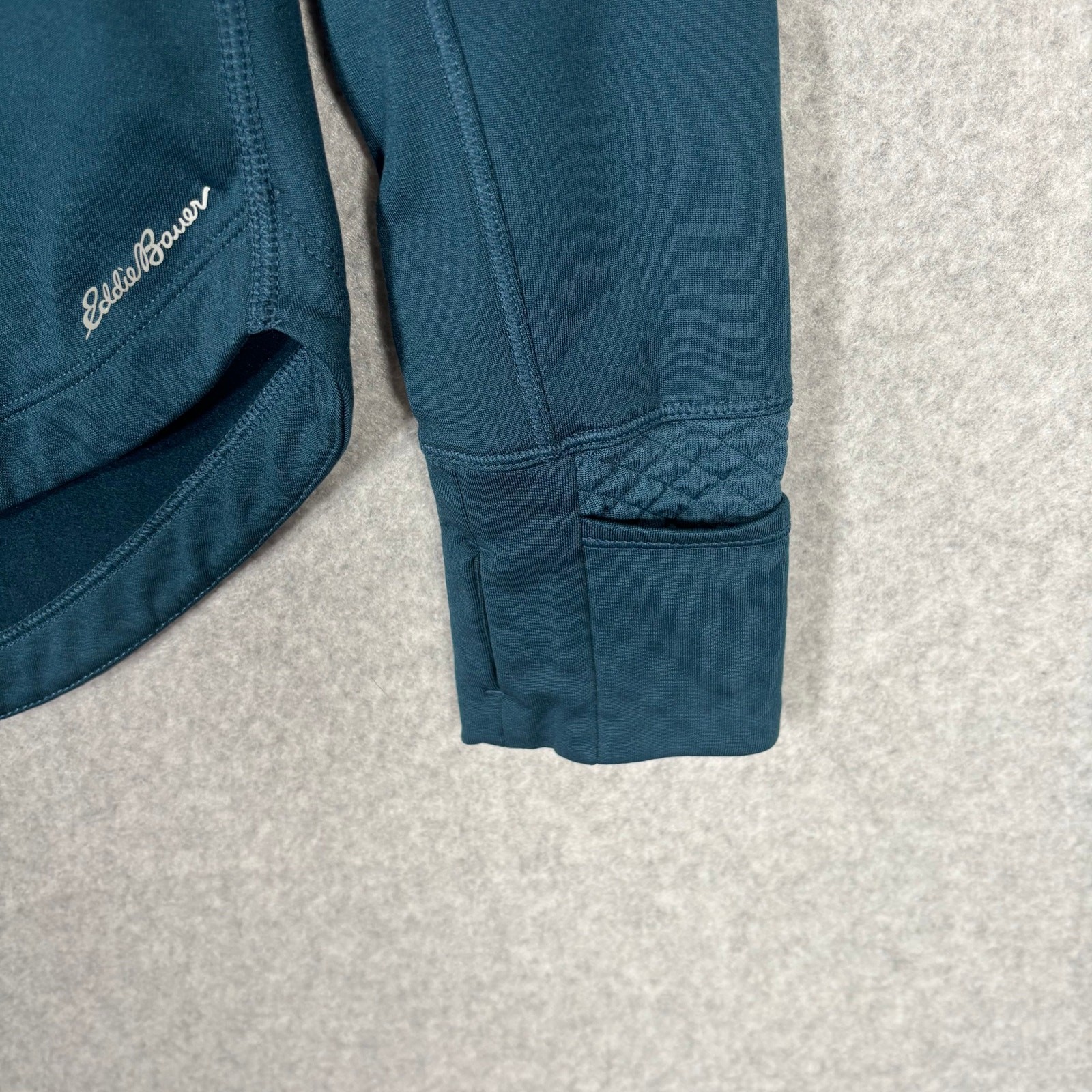 Eddie Bauer Top Small Teal 1/4 Zip Base Layer Fleece Lined Thin Thumb Holes