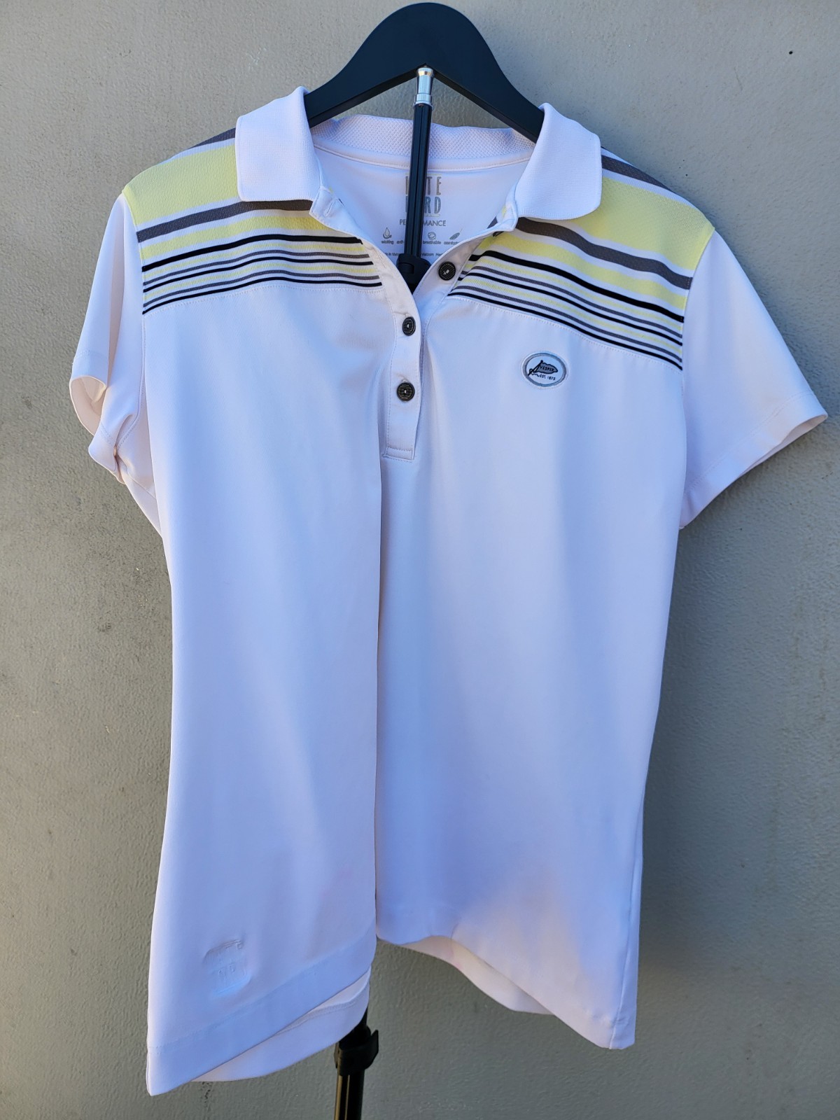 Kate Lord Performance Golf Polo Shirt Womens Large L White Yellow Gray Striped