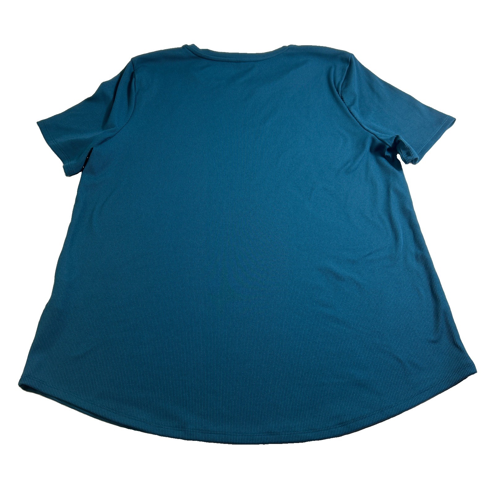 Skechers Ribbed T-Shirt Women Large Blue Short Sleeve Stretch Curved Hem Tee