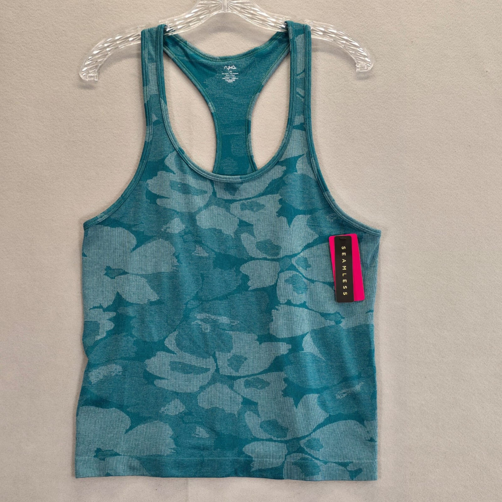 Ryka Seamless Tank Top Women’s L Racerback Nylon Blend Floral Fitness Teal