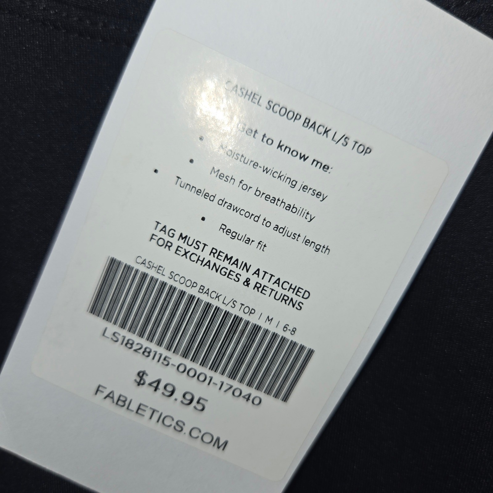 Fabletics Cashel Scoop Back LS Top Black Mesh Drawcord Size Medium NEW
