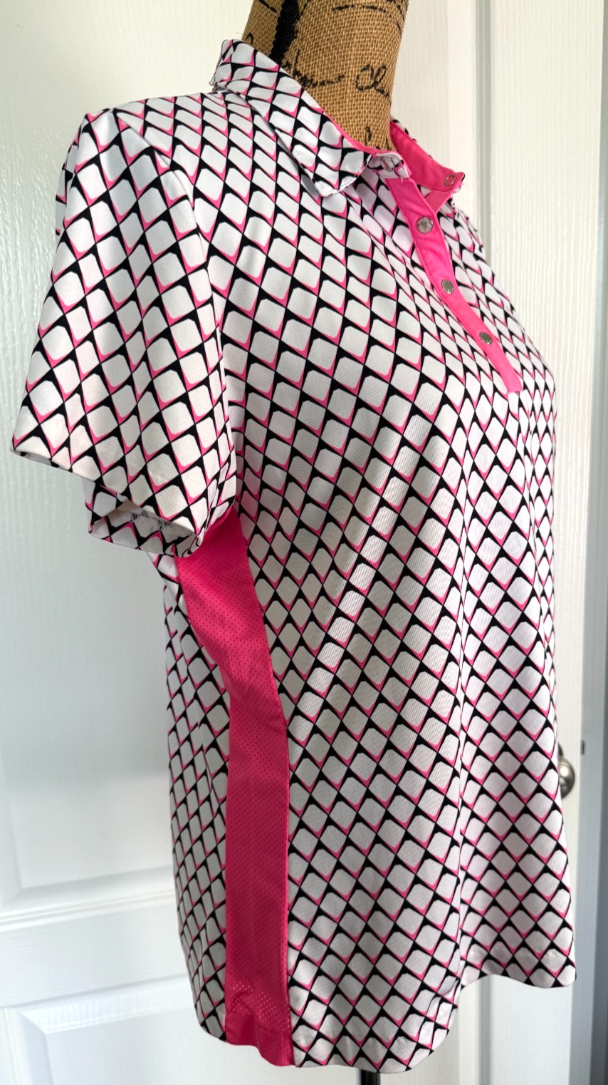 Tail Polo Top Golf Pickleball Tennis Short Sleeve Pink White Geometric Snaps L