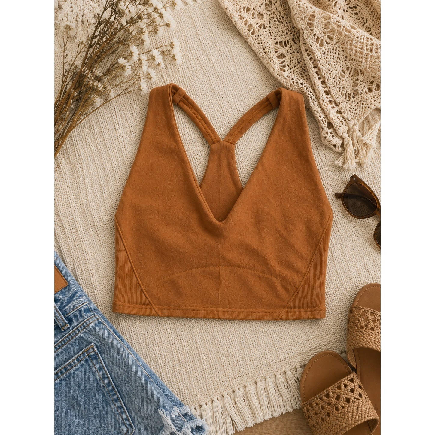 Free People FP Movement Happiness Runs Crop Tank Brown Ginger XS S Ribbed V-Neck