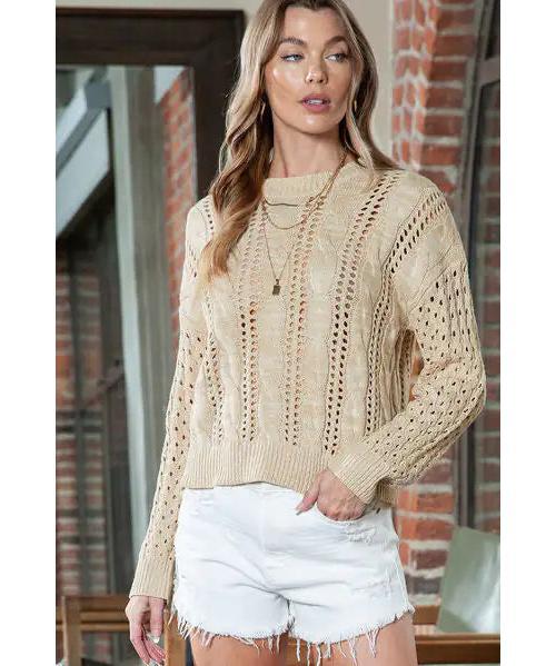 Full Size Openwork Cable-Knit Round Neck Knit Top-