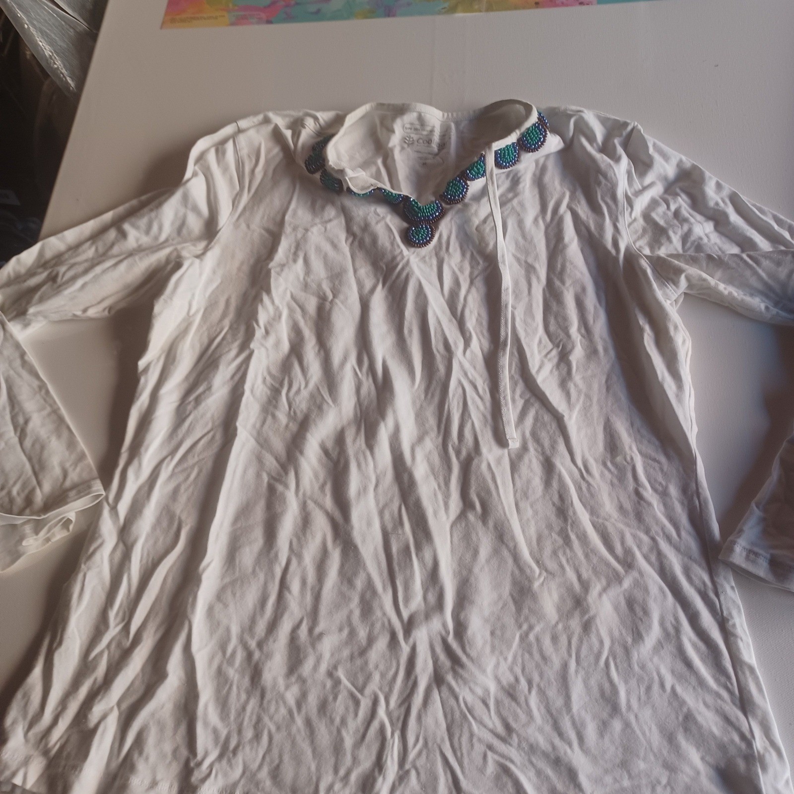 Coolibar Womens UPF 50+ Sun Protection Beaded Neckline Long Sleeve Top White M