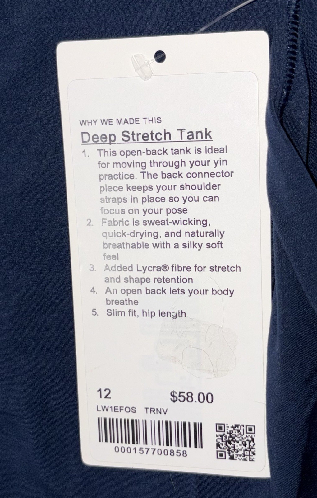 NWT💎LULULEMON💎SIZE 12💎DEEP STRETCH TANK💎AUTHENTIC💎HIP LENGTH💎TRUE NAVY