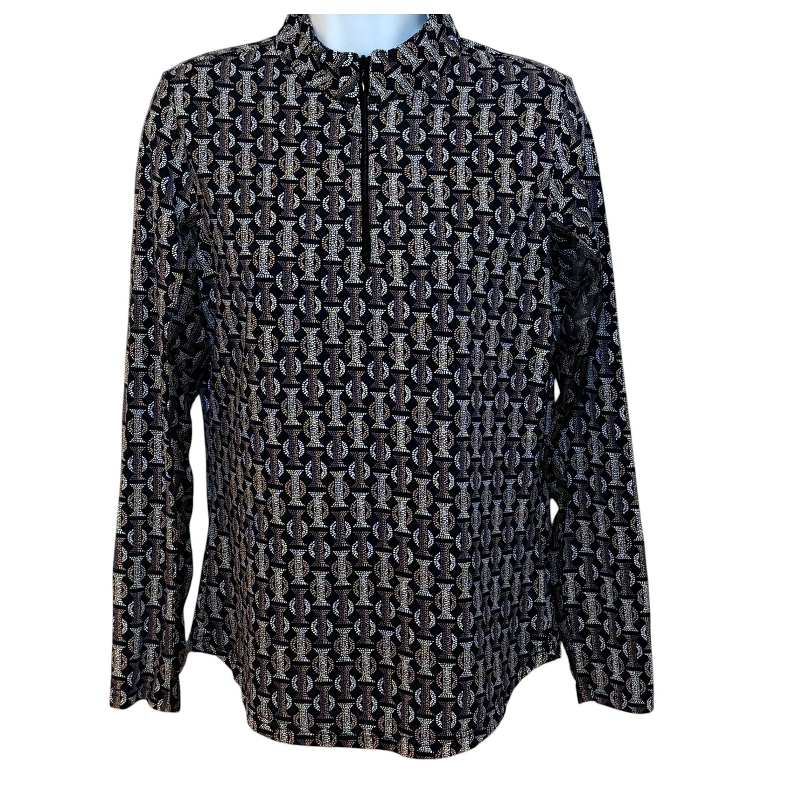 Icikuls Womens Small Quarter Zip Sun Shirt Long Sleeve Geometric Print Black Tan