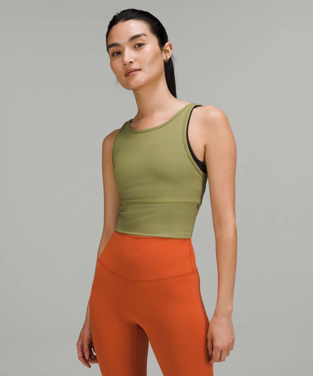 LULULEMON POWER PIVOT RIBBED TANK TOP BRONZE GREEN CROPPED 4 LN