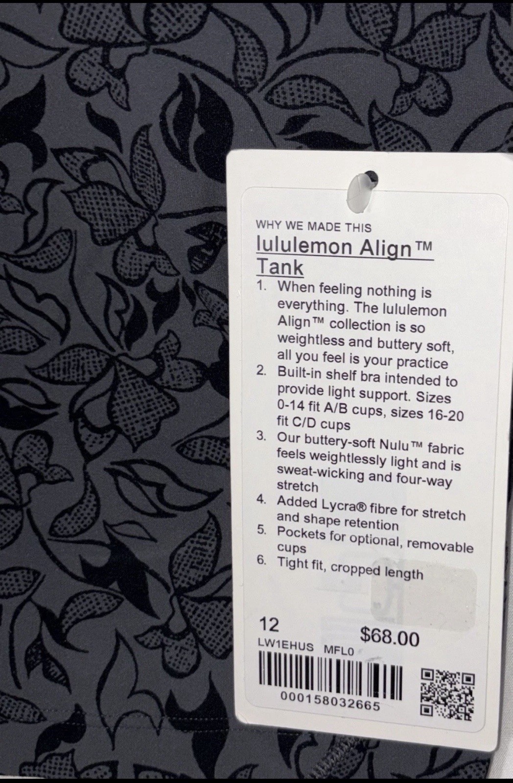 NWT🖤LULULEMON🖤SIZE 12🖤ALIGN TANK🖤BUILT IN BRA🖤AUTHENTIC🖤MINI FILAGREE LACE
