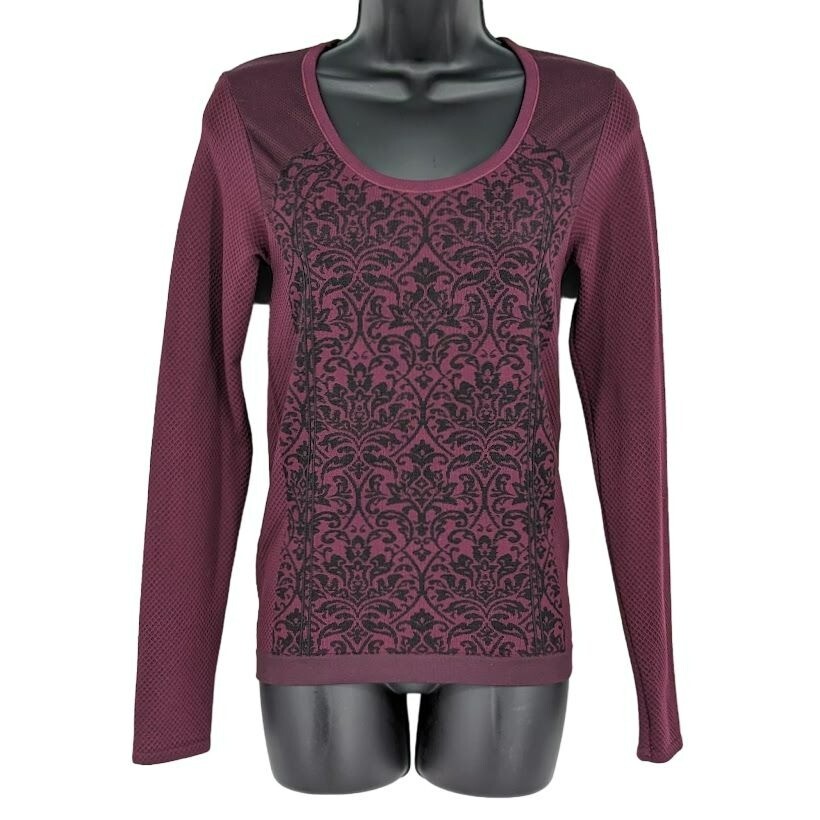 Fabletics Long Sleeve Athletic Top S Maroon Black Damask Scooped Textured Fitted