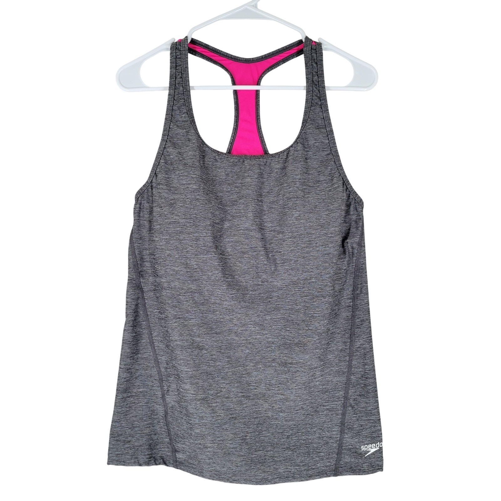Speedo Athletic Tank Top Women 14 Gray Pink Bulit in Bra Racerback Athleisure
