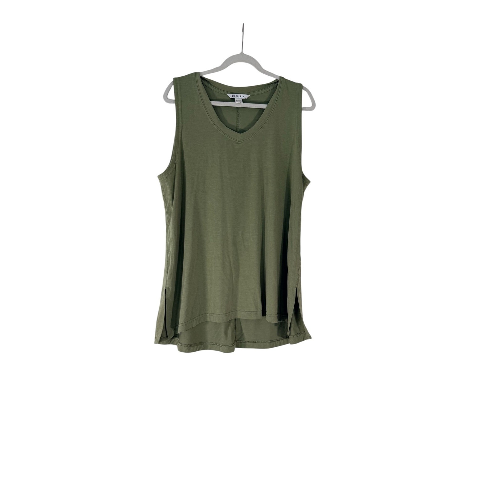 Athleta Womens Large Tall Olive Green V-Neck Sleeveless Tank Top Side Slit Relax