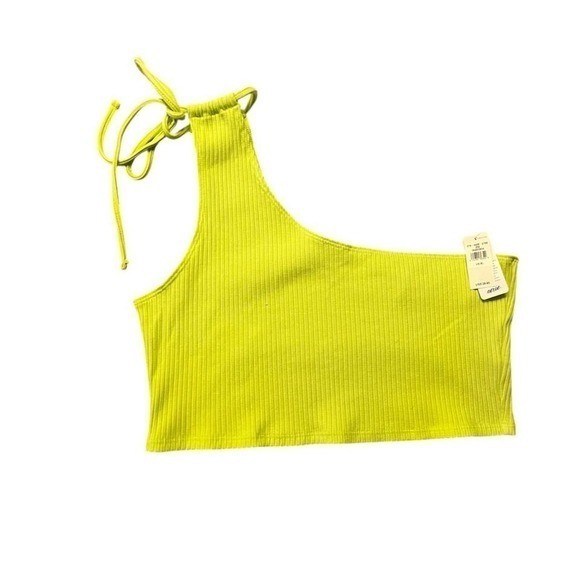Aerie Neon Lime Green Ribbed One Shoulder Tie Crop Top XL Festival Bright Y2K