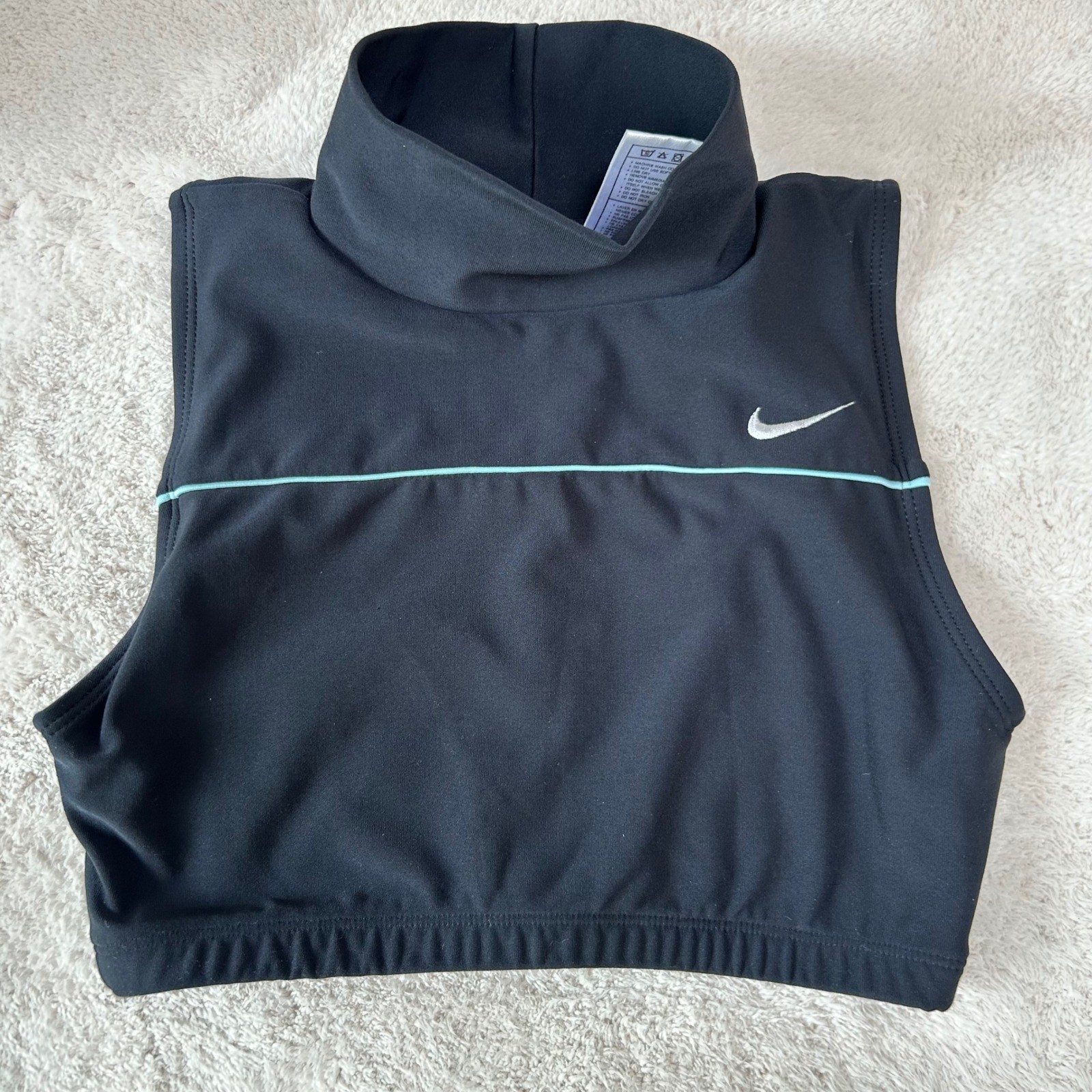 Vintage Nike Dri-FIT Mock Neck Crop Top Black Teal Stripe Sleeveless Small S 4-6