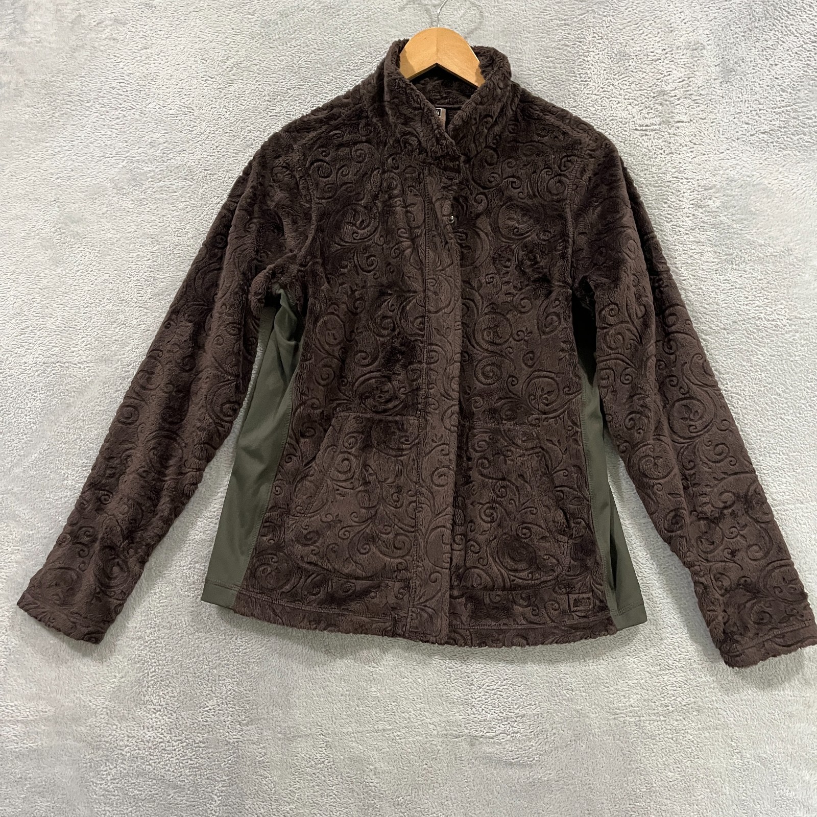 REI Soft Floral Textured Velour Fleece Womens Medium Brown Full Zip Jacket Boho