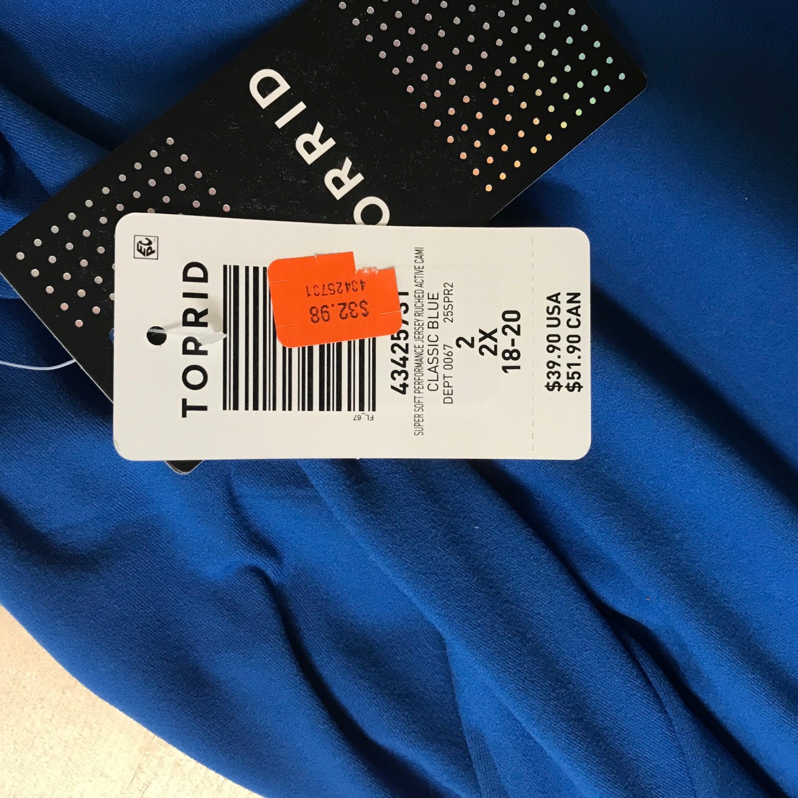 Torrid Active Cami Super Soft Performance Jersey Ruched Blue Tank Top 2X 18-20