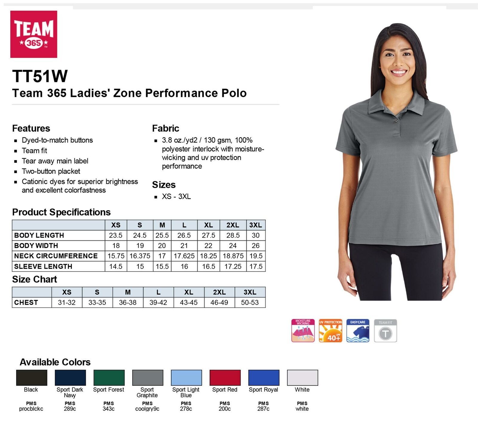 Team 365 TT51W Women’s 100% Polyester Team Fit Zone Performance Polo Shirt