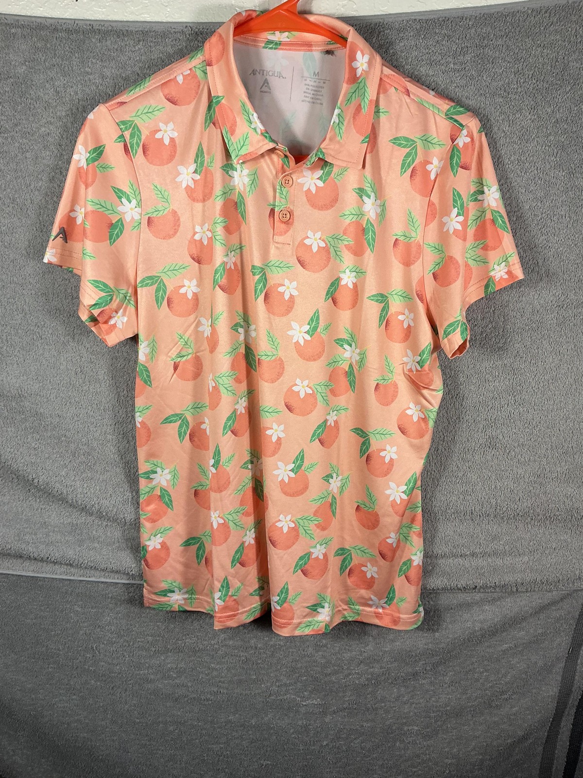 Antigua Golf Polo Shirt Womens Medium Orange Citrus Floral Short Sleeve Top