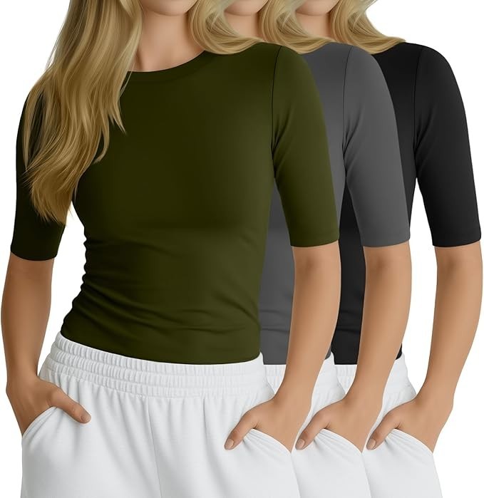 3Pack Ladies Workout Shirts Compression Tops Slim Fit Elbow Length T-Shirts