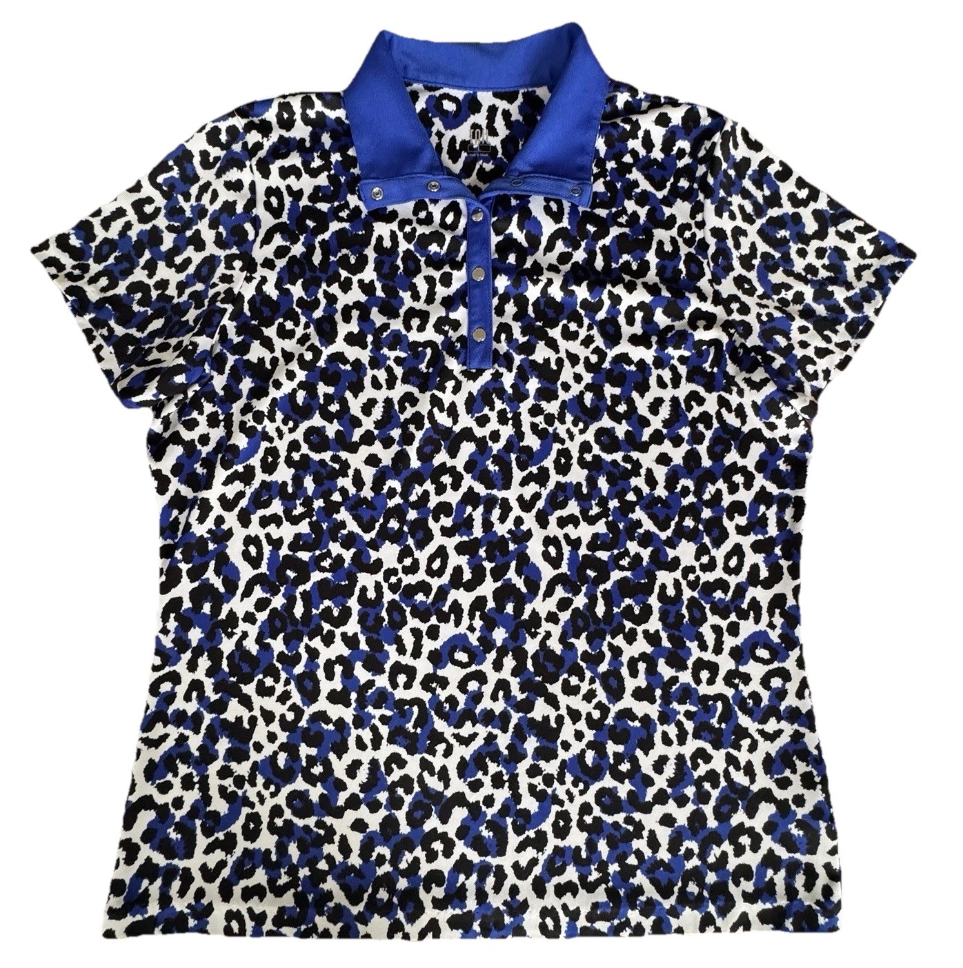 Tail Polo Blue Black White Shirt Cheetah Short Sleeve Convertible Collar Large