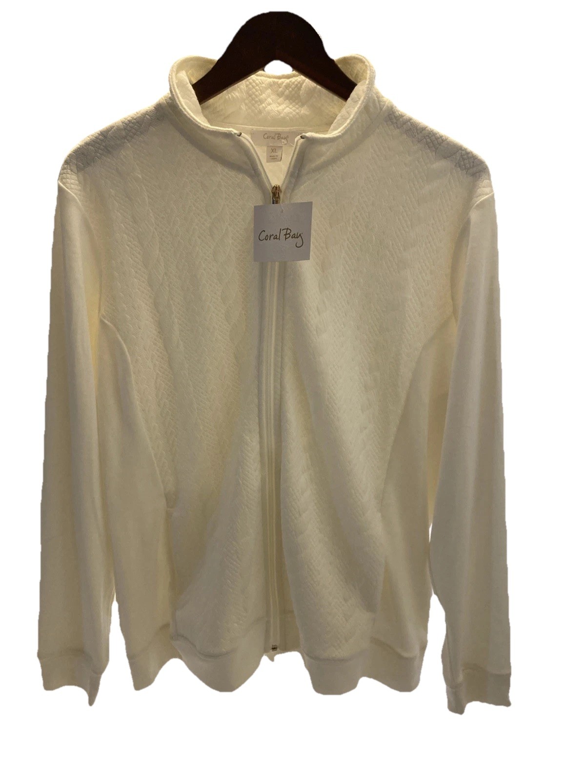 Coral Bay Women’s Cable Textured Off White Full Zip Jacket XLarge NWT Stretch