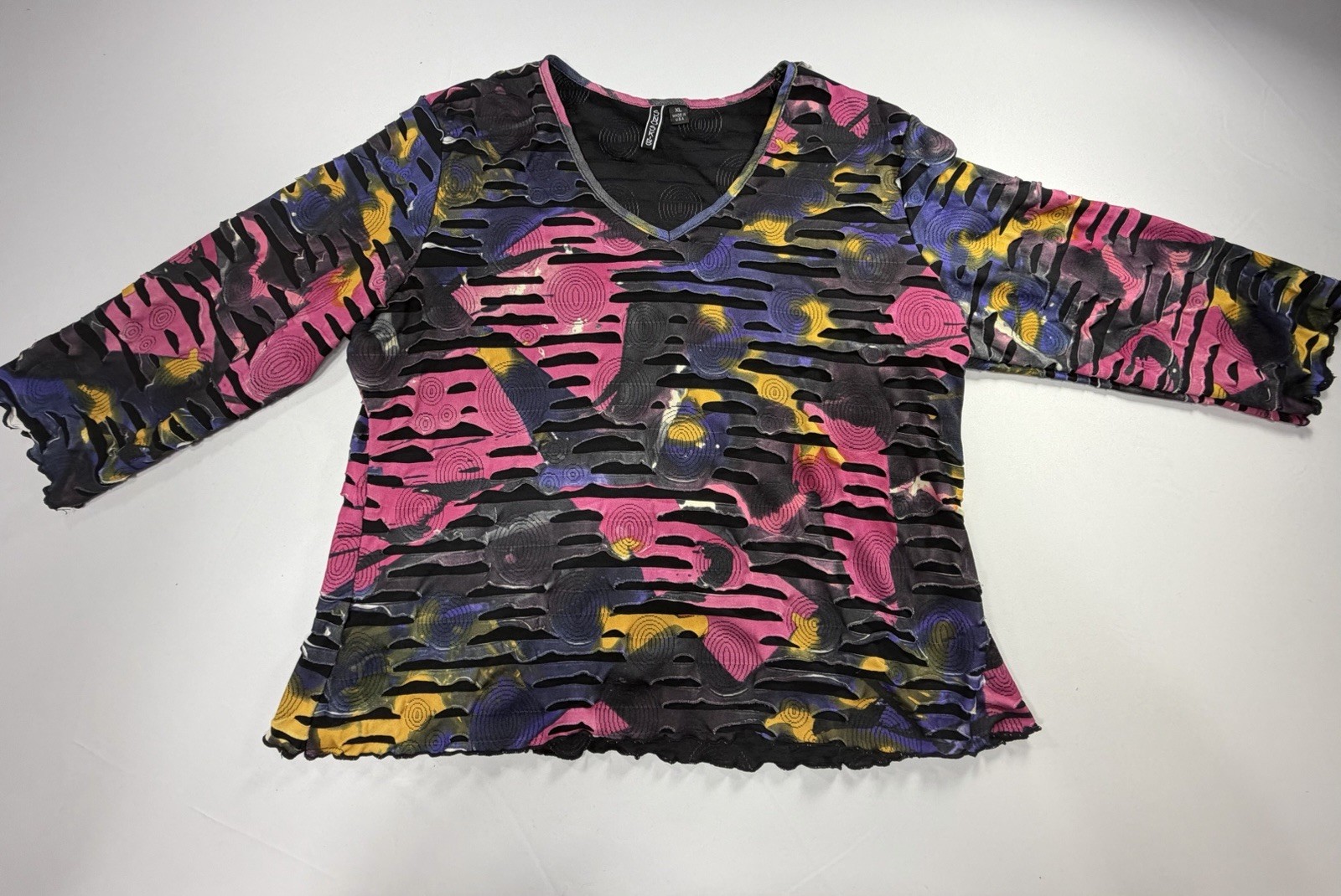 Y2K Mesh Top Pink Black Abstract Print Womens XL Rave Festival Goth Grunge